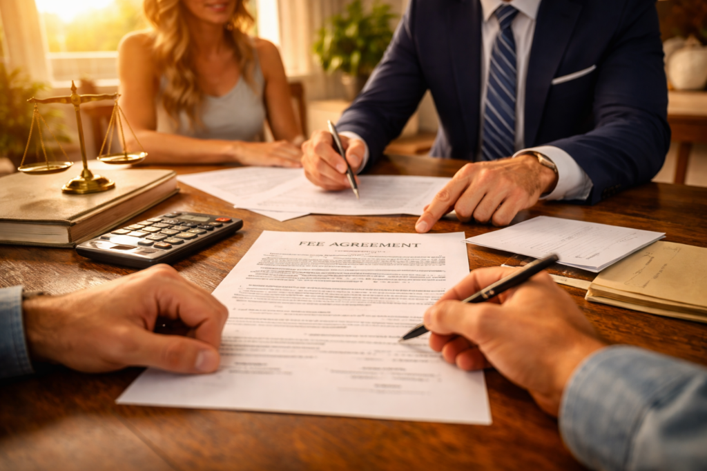 A close-up view of a couple signing a fee agreement with a Texas family law attorney at a wooden desk, with documents, a calculator, and scales of justice visible in a warm, sunlit office.