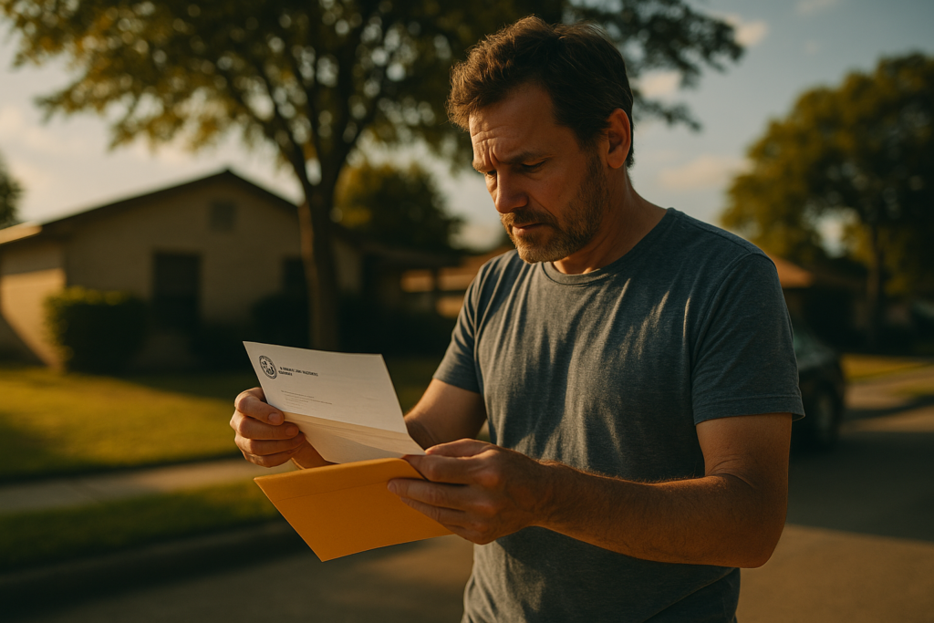 A concerned father standing outside in the summer sunlight reading an official letter about unpaid Texas child support.