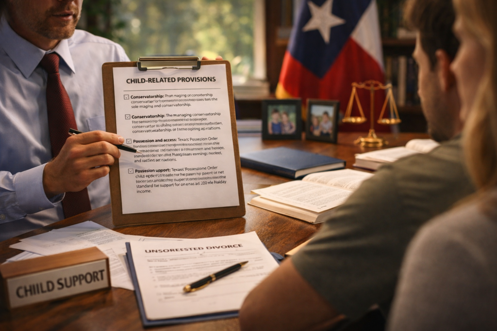 A Texas family law attorney meeting with parents to review child-related provisions in a divorce, including conservatorship, visitation, child support, and medical support.