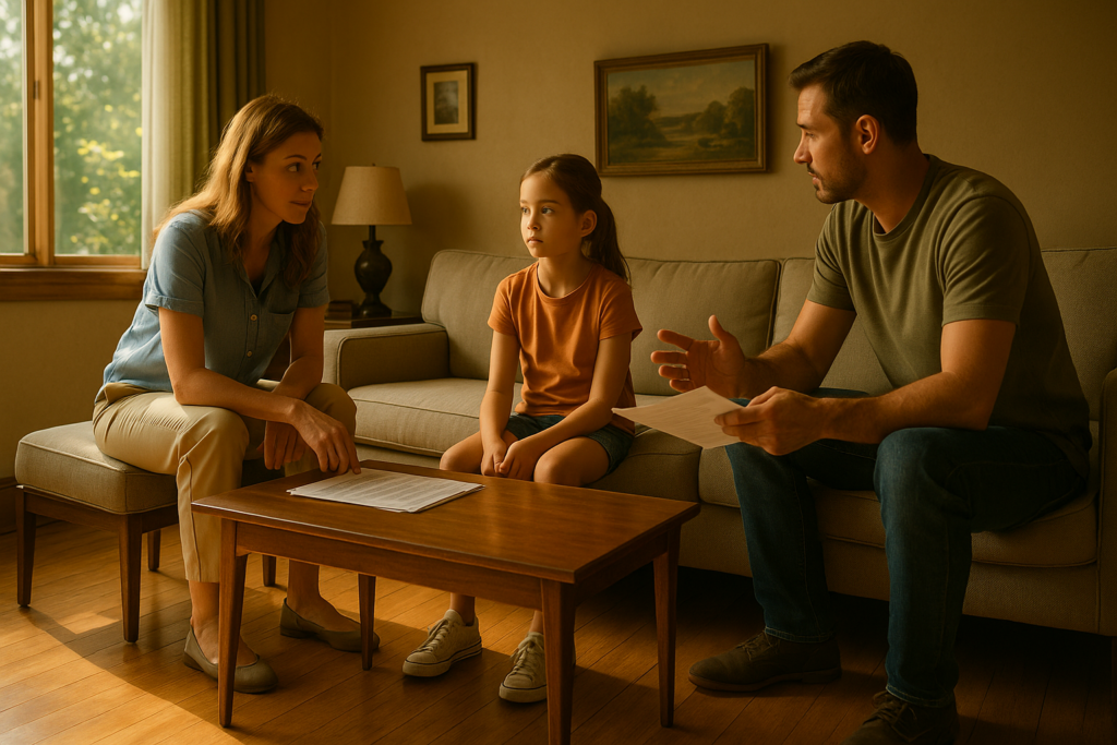 A mother and father sit across from each other in a sunlit living room, calmly discussing child custody and support terms while their young daughter sits between them, representing cooperative decision-making in a Texas uncontested divorce involving children.