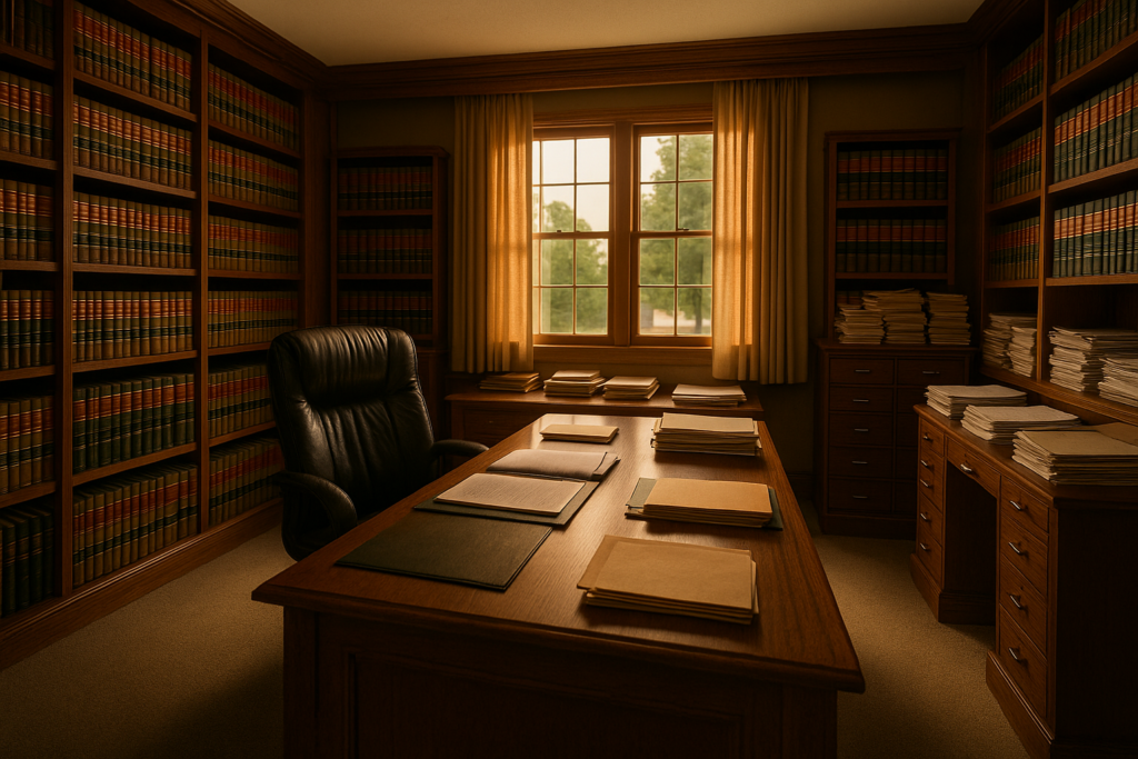 The image depicts a professional law office filled with shelves of legal books and organized documents, symbolizing expert legal guidance in family law matters, including child support enforcement issues. This setting reflects the importance of understanding court-ordered child support payments and the role of family law lawyers in navigating child custody and support enforcement in Texas.