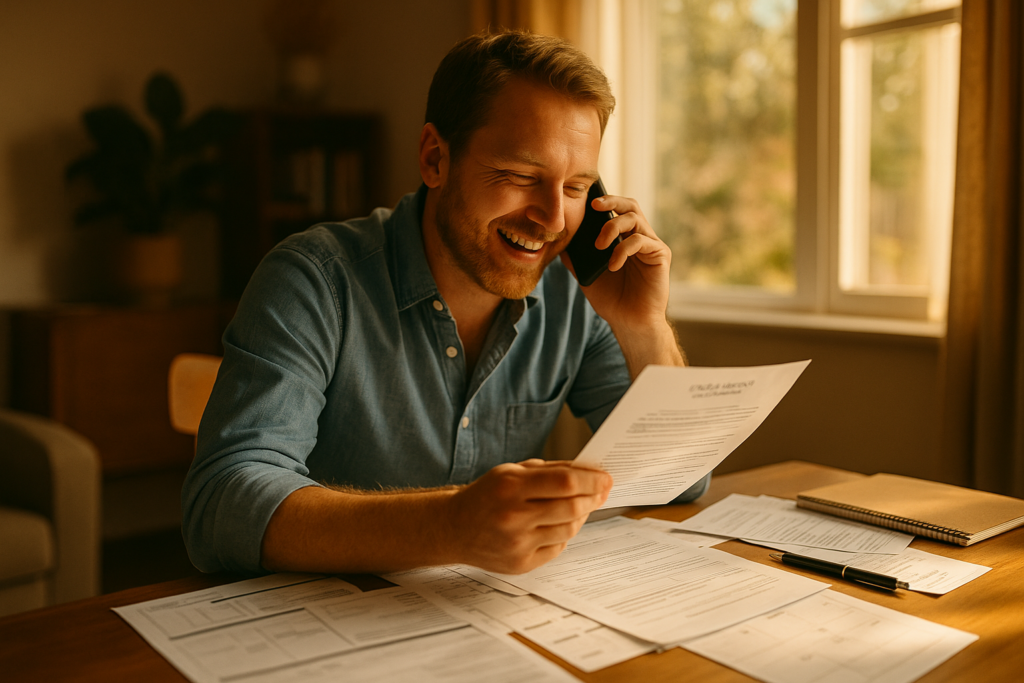 The image shows a person sitting at a desk covered with paperwork, looking relieved while speaking on the phone, likely discussing their child support obligations and how to manage missed payments to avoid license suspension. This scene captures a moment of relief as they seek legal guidance on their financial responsibilities.