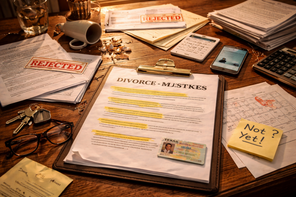 Wide-angle view of a cluttered desk with rejected divorce paperwork, Texas ID, and legal documents illustrating common mistakes that delay Texas divorce cases