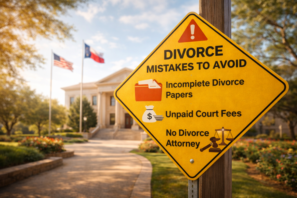 The image depicts a warning sign illustrating common mistakes to avoid when filing for divorce, emphasizing the importance of understanding the uncontested divorce process in Texas. Key elements include reminders about divorce papers, court fees, and the need for an experienced divorce attorney to navigate the legal process effectively.