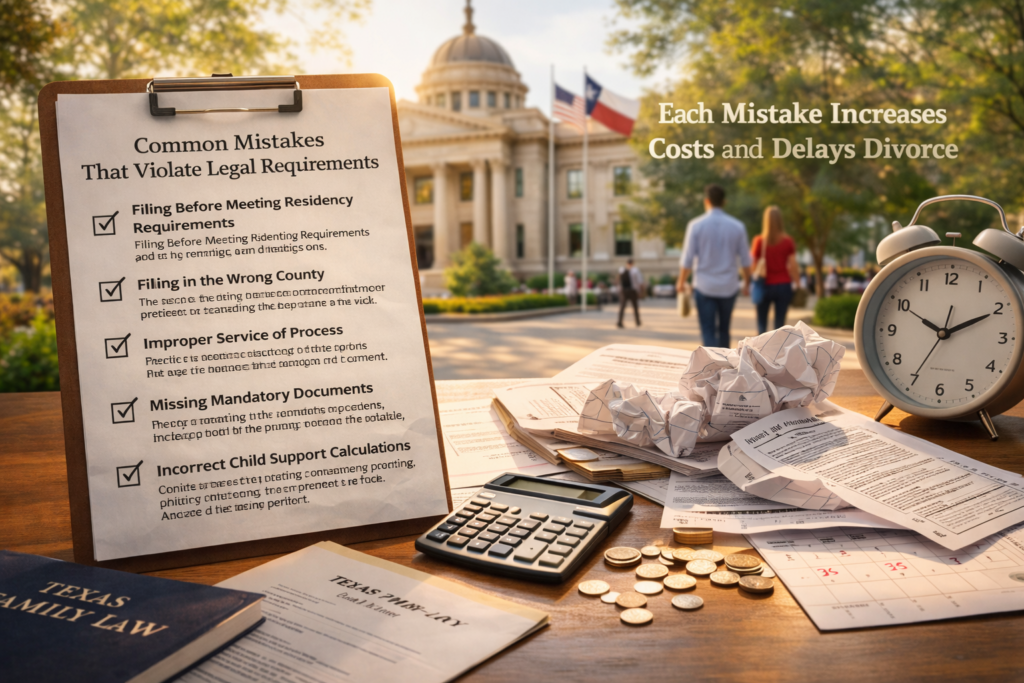 A clipboard listing common divorce filing mistakes sits beside legal documents, a calculator, and a clock outside a Texas courthouse.