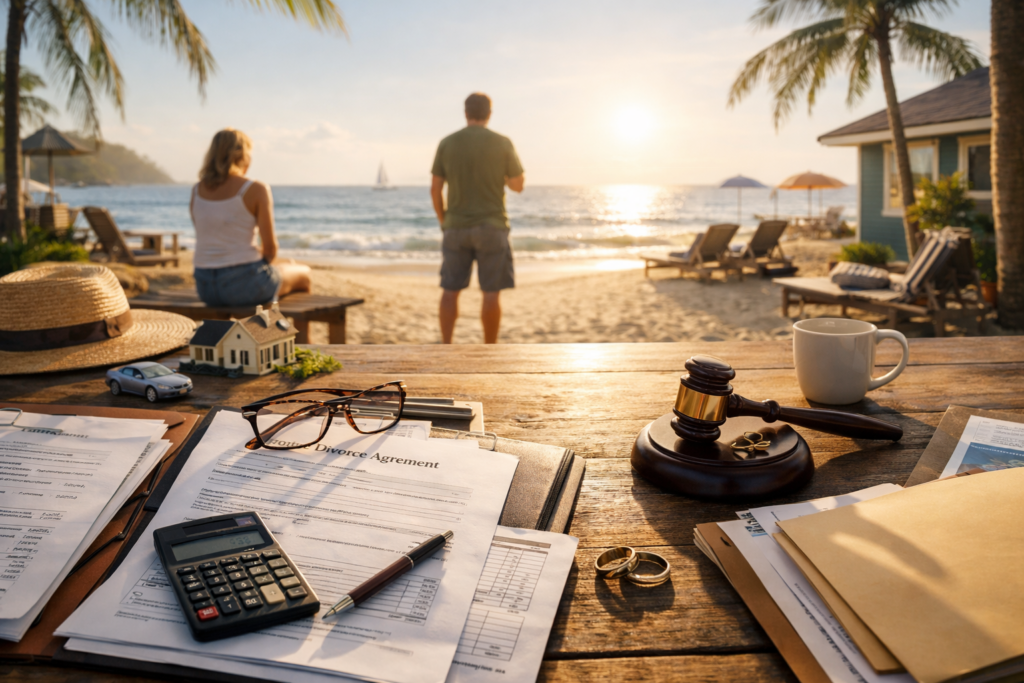 Wide-angle, photo-realistic summer beach scene showing divorce paperwork, calculator, glasses, and wedding rings on a wooden table in the foreground, with a couple standing apart near the shoreline at sunset, creating a cinematic contrast between legal decisions and emotional separation.