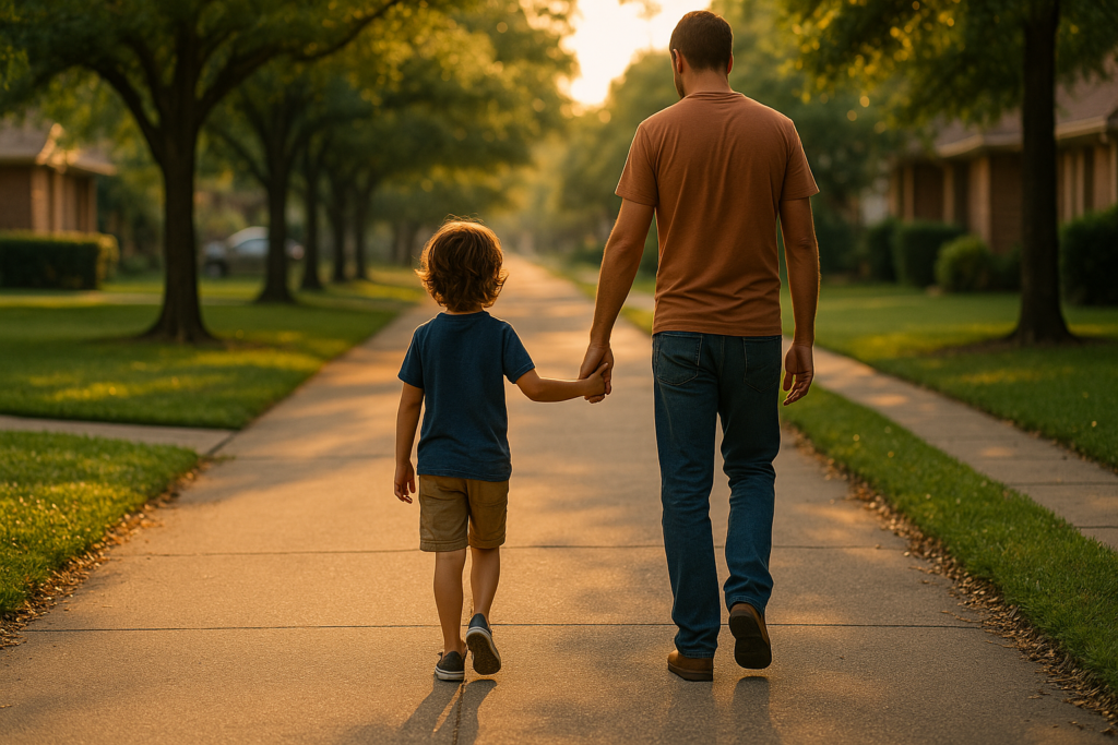 The image depicts a parent and child walking hand in hand, symbolizing the strong family relationships that can be maintained through effective child support enforcement. This highlights the importance of fulfilling court-ordered child support obligations to ensure financial support for children.