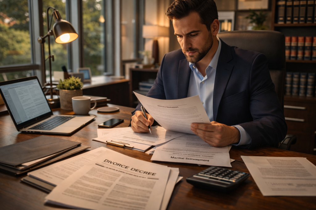 A legal professional is focused on reviewing various divorce documents, including marital settlement agreements and divorce forms, in a sleek, modern office environment. The scene conveys a sense of professionalism and attention to detail, essential for handling matters related to child custody, spousal support, and community property.