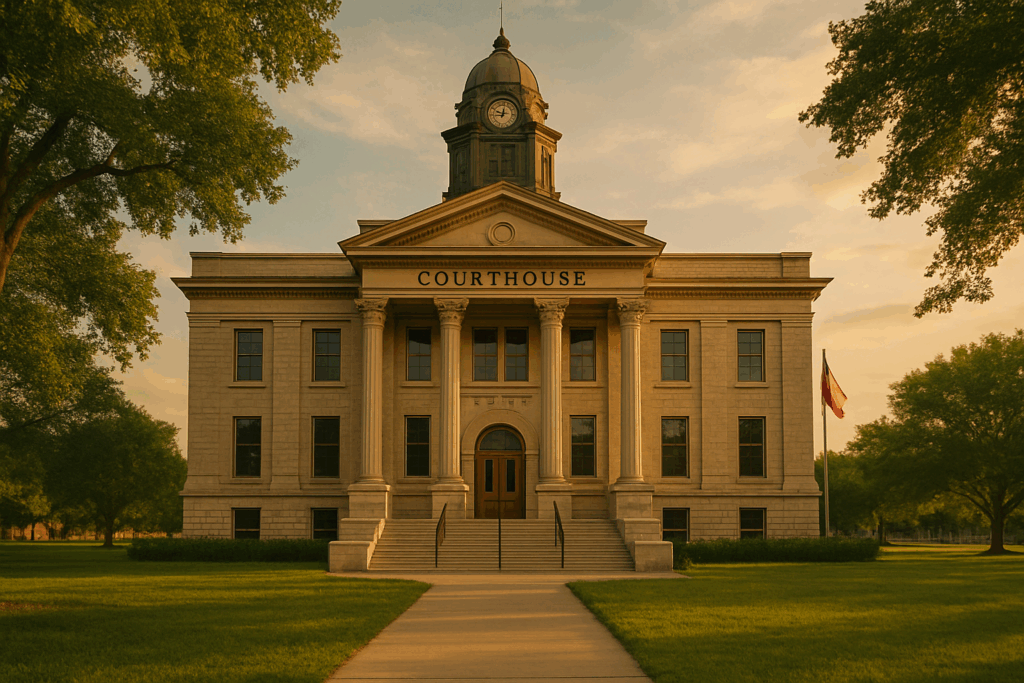 The image depicts a Texas courthouse building, symbolizing the legal system and court proceedings related to family law, including child support cases. This structure represents the venue where matters such as child support payments and enforcement of child support orders are addressed under Texas child support laws.