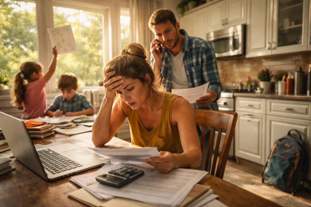A stressed Texas family reviews bills and child support paperwork in their kitchen while their children work in the background, reflecting the financial pressure parents face during custody and support cases.