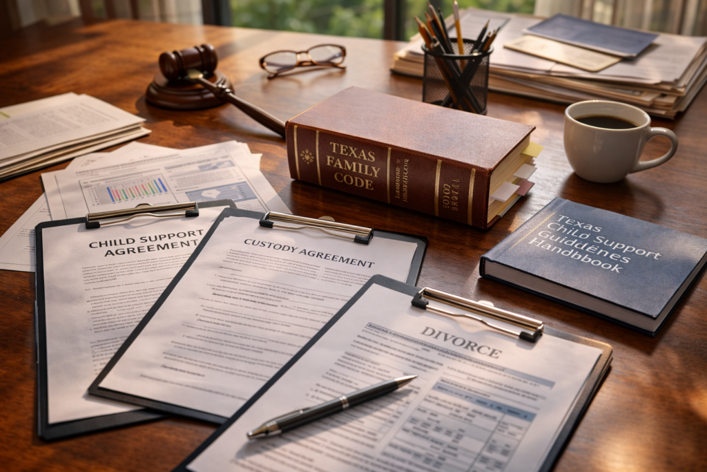 The image depicts an organized professional desk filled with legal documents and family law reference materials, highlighting topics such as child support obligations, custody arrangements, and divorce proceedings. This setup suggests a focus on providing informed legal representation for family law matters in Texas, ensuring the best interest of children and families.