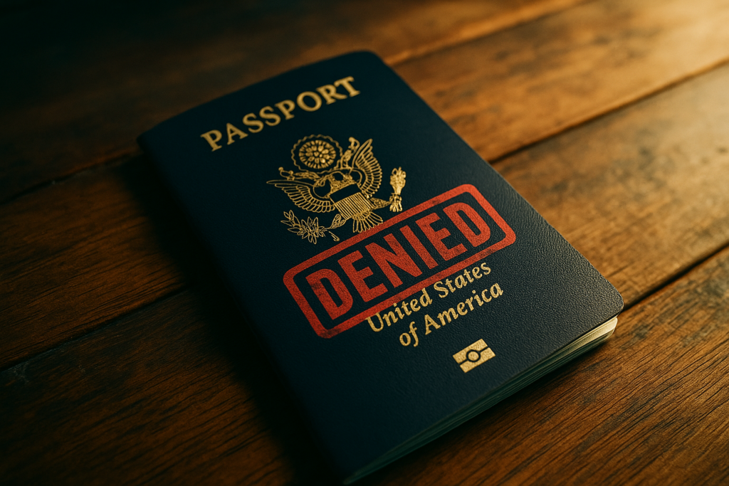 The image depicts a passport with a bold stamp indicating denial or restrictions, symbolizing the serious consequences of unpaid child support in Texas. This visual emphasizes the legal implications for noncustodial parents who fail to meet their child support obligations, potentially affecting their ability to travel.