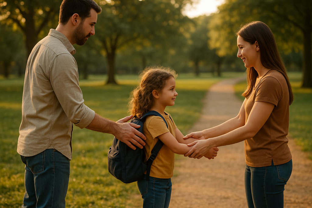 A wide-angle, cinematic photo of a father and mother peacefully exchanging their young daughter in a sunlit park during summer, symbolizing custody, visitation, and the child-focused approach required in the Texas divorce process.