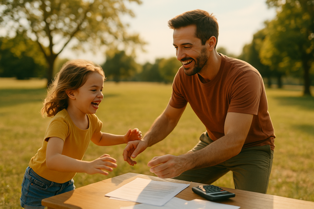 The image depicts a parent and child enjoying a sunny day outdoors, engaging in playful activities that strengthen their parent-child relationship. This quality time highlights the importance of emotional support and well-being, which can be crucial in navigating child support obligations and ensuring a child's welfare.