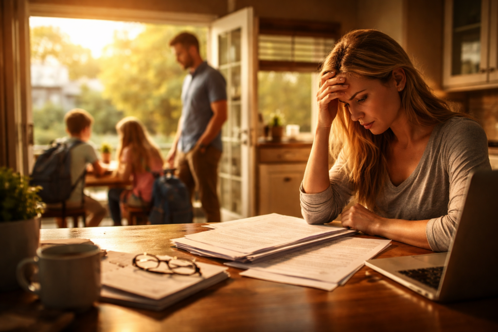 Mother reviewing divorce agreement paperwork at kitchen table while children do homework in the background