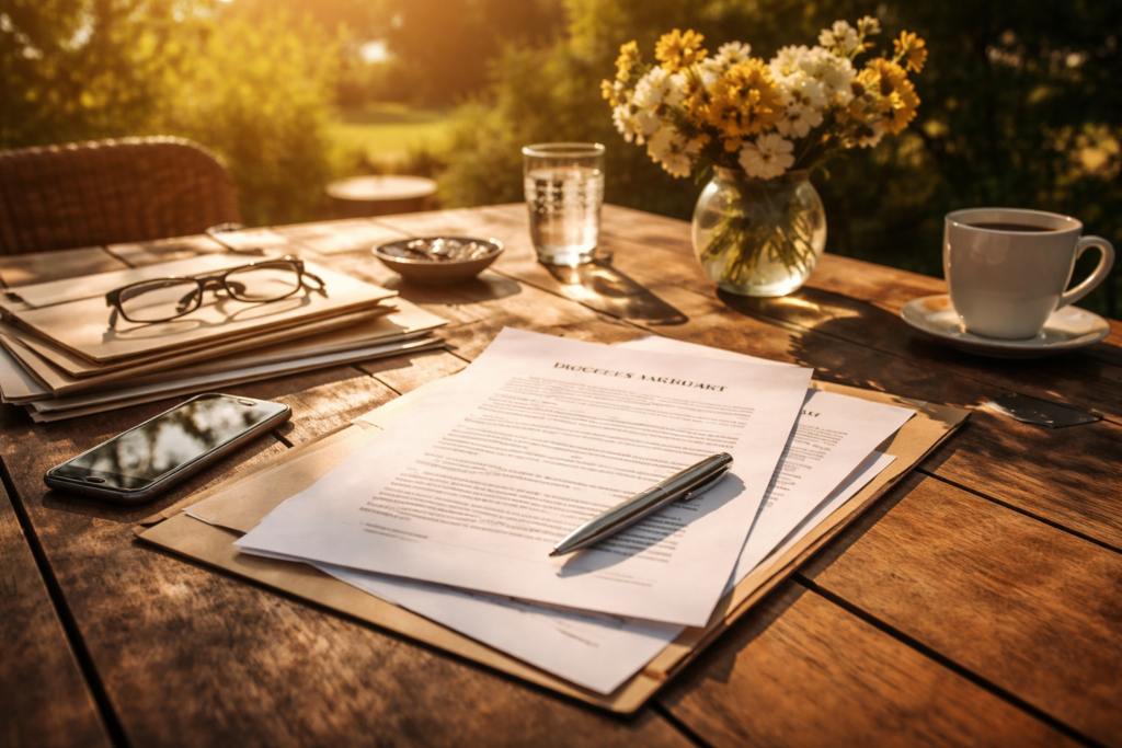 Wide-angle, photo-realistic summer scene of a divorce agreement laid out on a sunlit wooden outdoor table, with neatly stacked legal documents, a pen resting on the papers, reading glasses, a smartphone, a coffee cup, and a small vase of flowers, creating a calm, cinematic atmosphere that suggests drafting and finalizing a written divorce settlement.