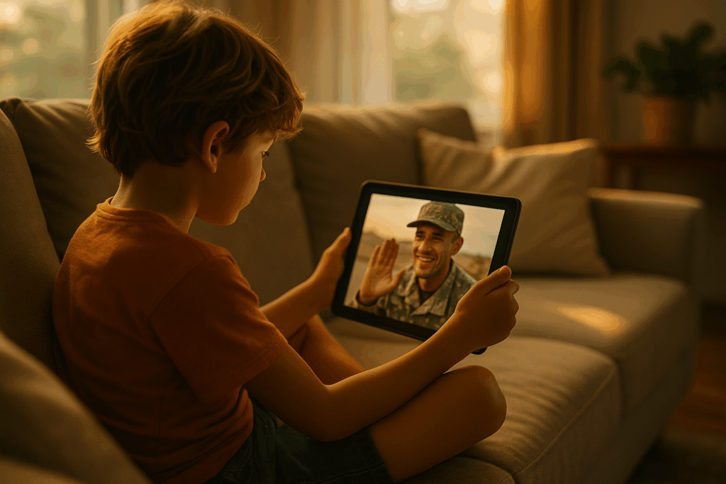 A child is sitting on a couch, engaged in a video call on a tablet with their deployed military father, highlighting the emotional connection between military families during periods of military deployment. This scene reflects the unique challenges faced by military parents in maintaining their child's best interest and nurturing their relationship despite the distance. What are the rights of military fathers under Texas law