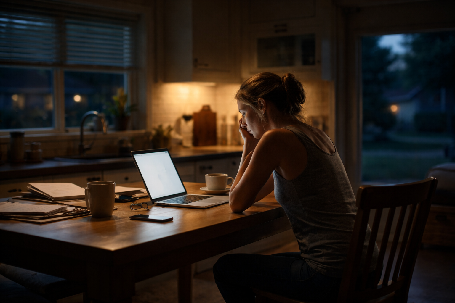 Woman sitting alone at a kitchen table late at night, thoughtfully reviewing paperwork and a laptop while considering eligibility for divorce in Texas