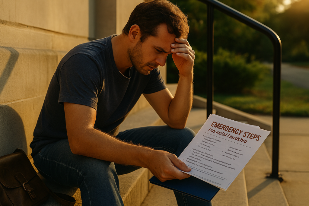 A stressed parent sits on outdoor courthouse steps in warm summer light, reviewing emergency financial hardship documents related to unpaid child support.