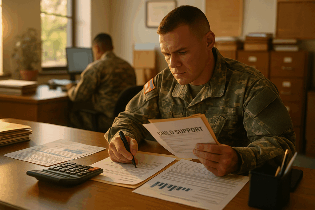 The image depicts military personnel in an administrative office, focused on reviewing paperwork
