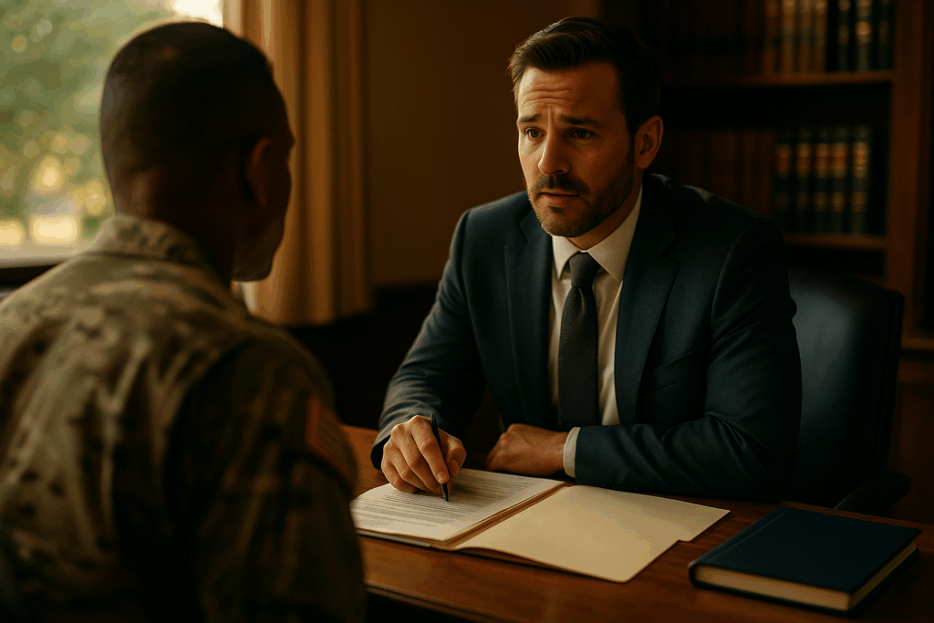 An attorney is seated across from a military service member in a consultation room, discussing family law matters such as child support payments and military pay under Texas law. The setting conveys a professional atmosphere, emphasizing the importance of understanding both state and federal law for service members on active duty.