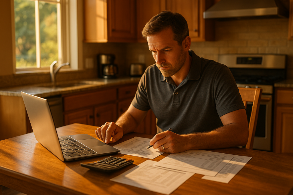 A self-employed parent is seated at a kitchen table, reviewing financial documents and calculating child support obligations using a laptop. The scene conveys the importance of understanding monthly net resources and child support guidelines while managing family finances.