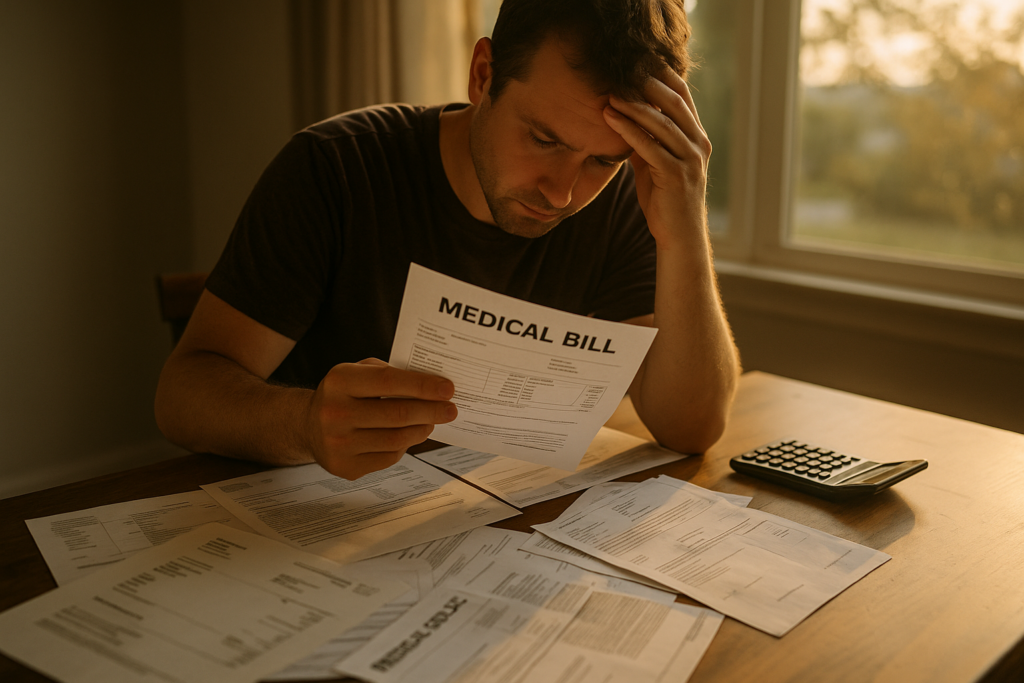The image shows a person sitting at a desk, surrounded by scattered medical bills and documents, with a calculator nearby, indicating a focus on their financial situation. This scene reflects the stress of managing financial obligations, such as child support payments, and the need for thorough documentation when considering a modification request due to a substantial change in circumstances.