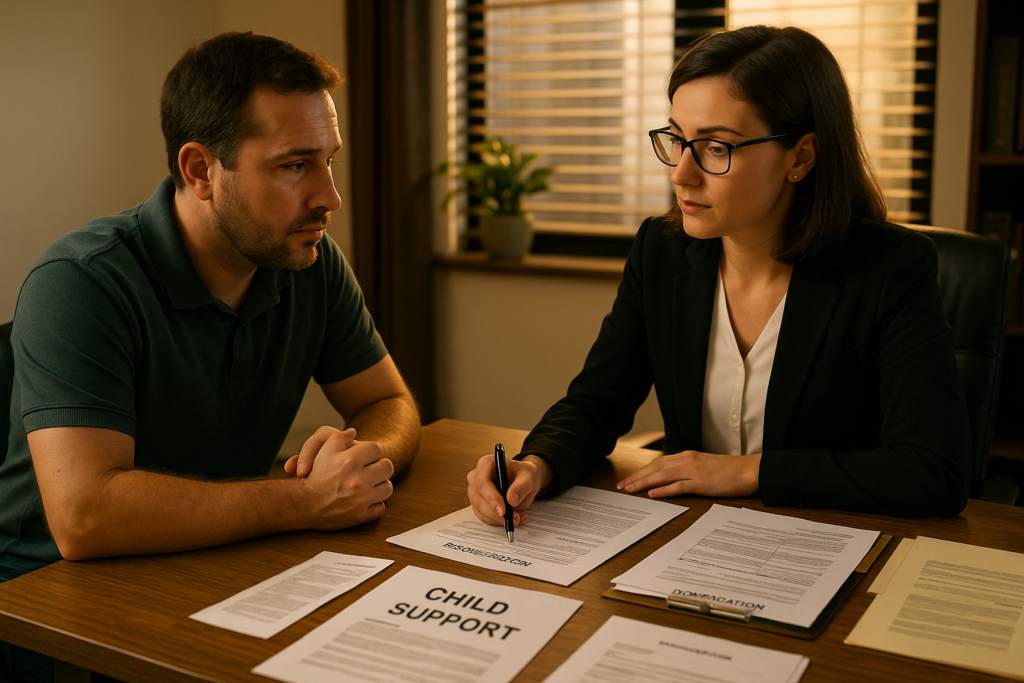 The image depicts a parent consulting with a child support lawyer in an office setting, where various legal documents related to child support modifications are spread out on the desk. The scene conveys the importance of legal assistance in navigating child support obligations and the modification process under Texas law.