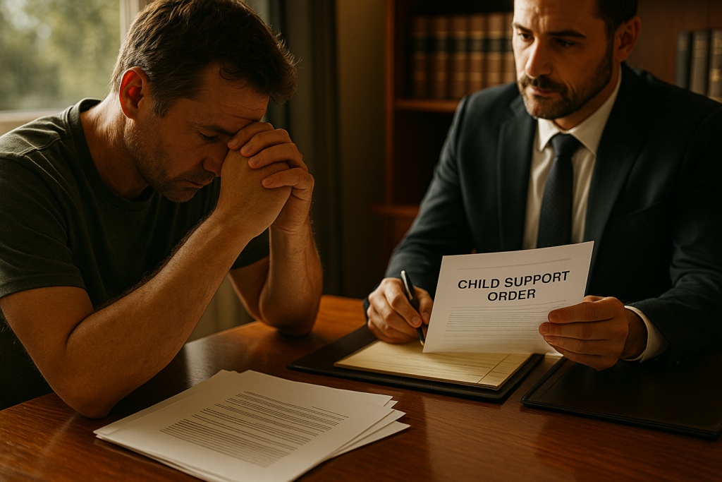 A parent is sitting across from an attorney in a professional office setting, discussing child support obligations and the implications of unpaid child support. The atmosphere is serious as they review the existing child support order and explore legal options to ensure compliance with Texas law.