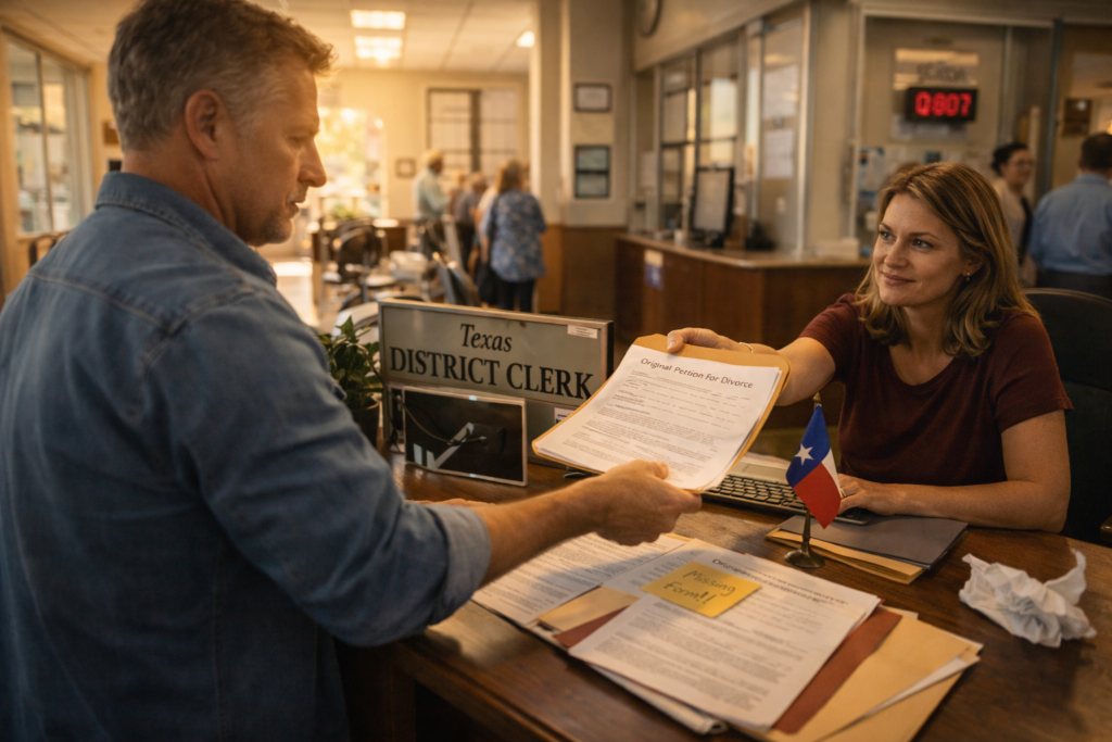 A man files his Original Petition for Divorce at a Texas district clerk’s office, handing paperwork to a clerk on a sunny day, representing the official start of the uncontested divorce process.