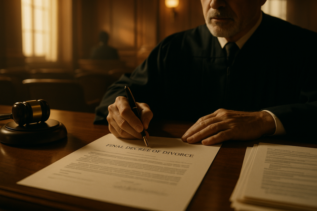 A wide-angle, cinematic photo of a judge in a sunlit Texas courtroom signing the Final Decree of Divorce, with a gavel and legal documents on the desk, symbolizing the final step in the divorce process.