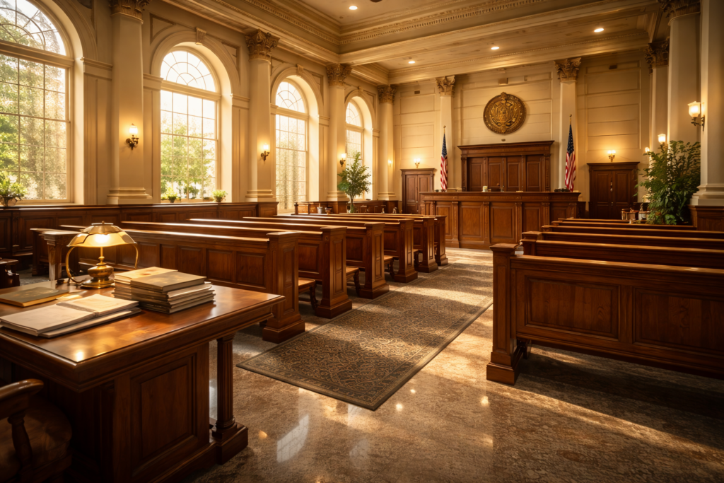 The image depicts a bright courthouse interior, where natural light pours through large windows, illuminating the space. This setting is often associated with legal proceedings, including divorce cases and family law matters, such as uncontested divorces in Texas and child custody arrangements.