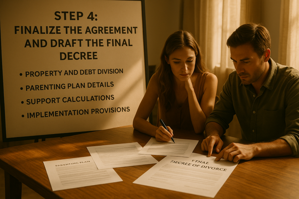 A wide-angle, photo-realistic scene showing a couple sitting at a wooden table in warm summer sunlight, reviewing and signing divorce documents. A large presentation board beside them reads “Step 4: Finalize the Agreement and Draft the Final Decree,” with bullet points for property and debt division, parenting plan details, support calculations, and implementation provisions.