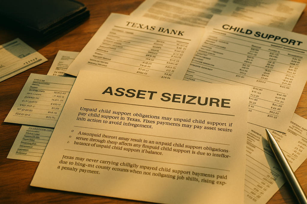 The image depicts a collection of financial documents and bank statements, highlighting the serious consequences of unpaid child support, such as asset seizure. These documents represent the legal obligations of noncustodial parents to pay child support in Texas, emphasizing the importance of meeting child support payments to avoid enforcement actions.