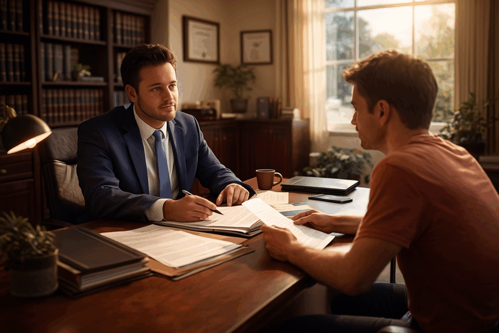 The image depicts a professional law office where an attorney and a client are engaged in a consultation, reviewing important documents related to legal issues. This setting highlights the importance of legal services, such as child support services and free legal assistance, available to low-income residents seeking guidance within the justice system.