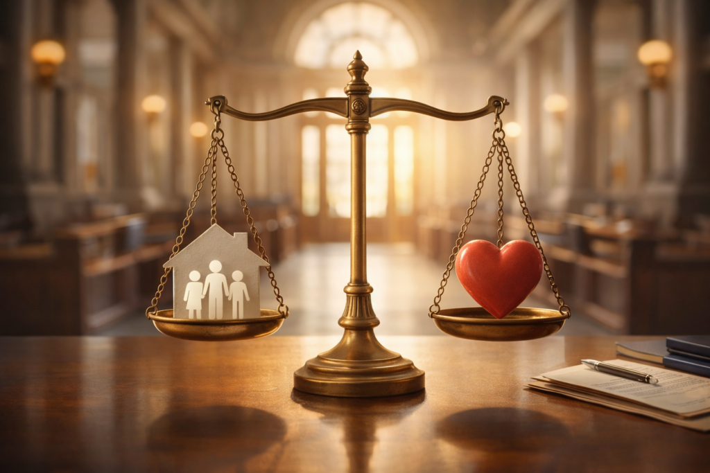 The image depicts a balanced scale in a courthouse setting, symbolizing legal decision-making, with family-related icons such as a house and heart. This visual representation highlights the complexities of family law, including legal costs and fee arrangements, which are crucial for clients navigating family law matters like child custody and support.