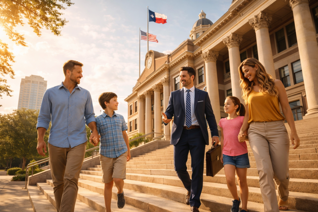 A Texas family walks down the steps of a courthouse with a child support lawyer on a sunny day, with the Texas and U.S. flags flying above the building.