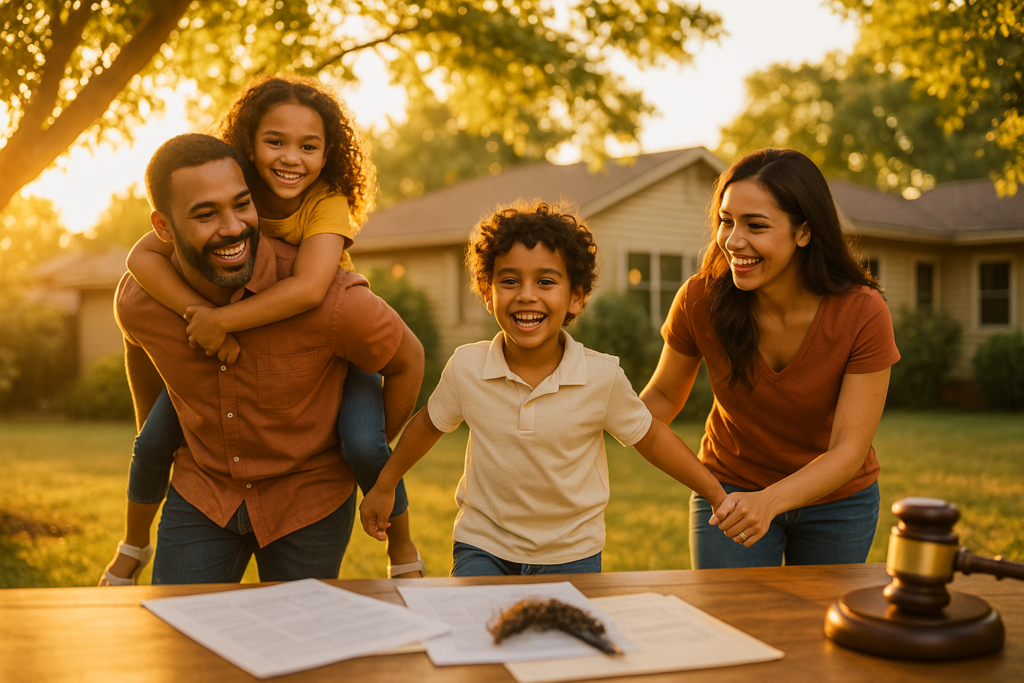 The image depicts a joyful family with children, symbolizing the significance of safeguarding children's interests during the divorce process in Texas. It highlights the importance of child custody and child support in family law cases, emphasizing the need for legal representation to ensure the best outcomes for minor children.