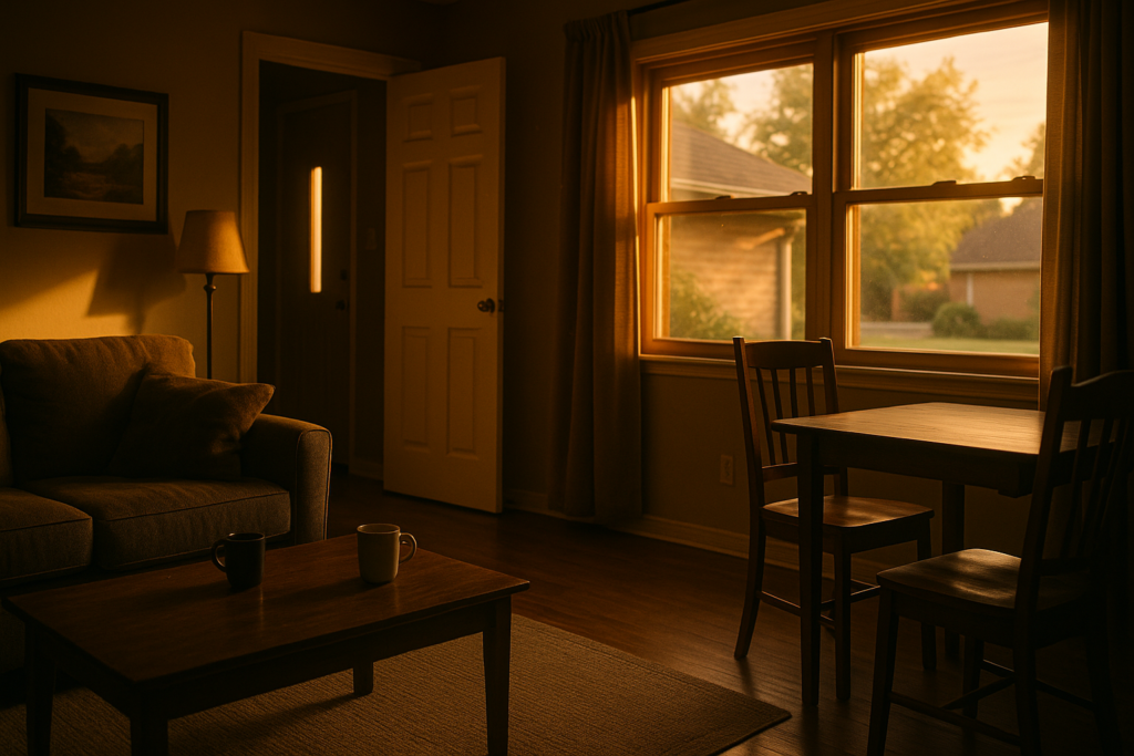 A wide-angle view of a quiet suburban living room at sunset with warm summer light filling the space, two coffee mugs set apart on a wooden table, and an open door in the background, symbolizing emotional distance and the early stages of a divorce decision.