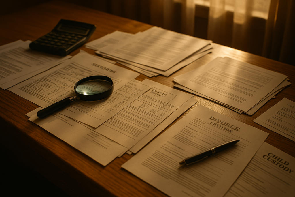 The image shows a cluttered desk filled with financial documents, bank statements, and legal papers, with a magnifying glass placed on top, symbolizing the detailed examination 