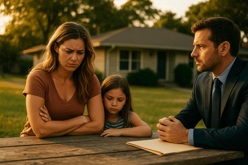 A mother and child sit at an outdoor table looking worried as they speak with a lawyer, reflecting the stress of Texas child support disputes.