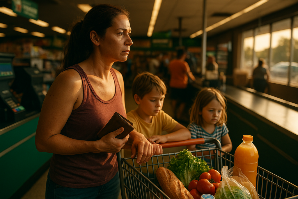 A concerned Texas mother standing in a grocery store checkout line with her children, symbolizing the financial stress of unpaid child support.