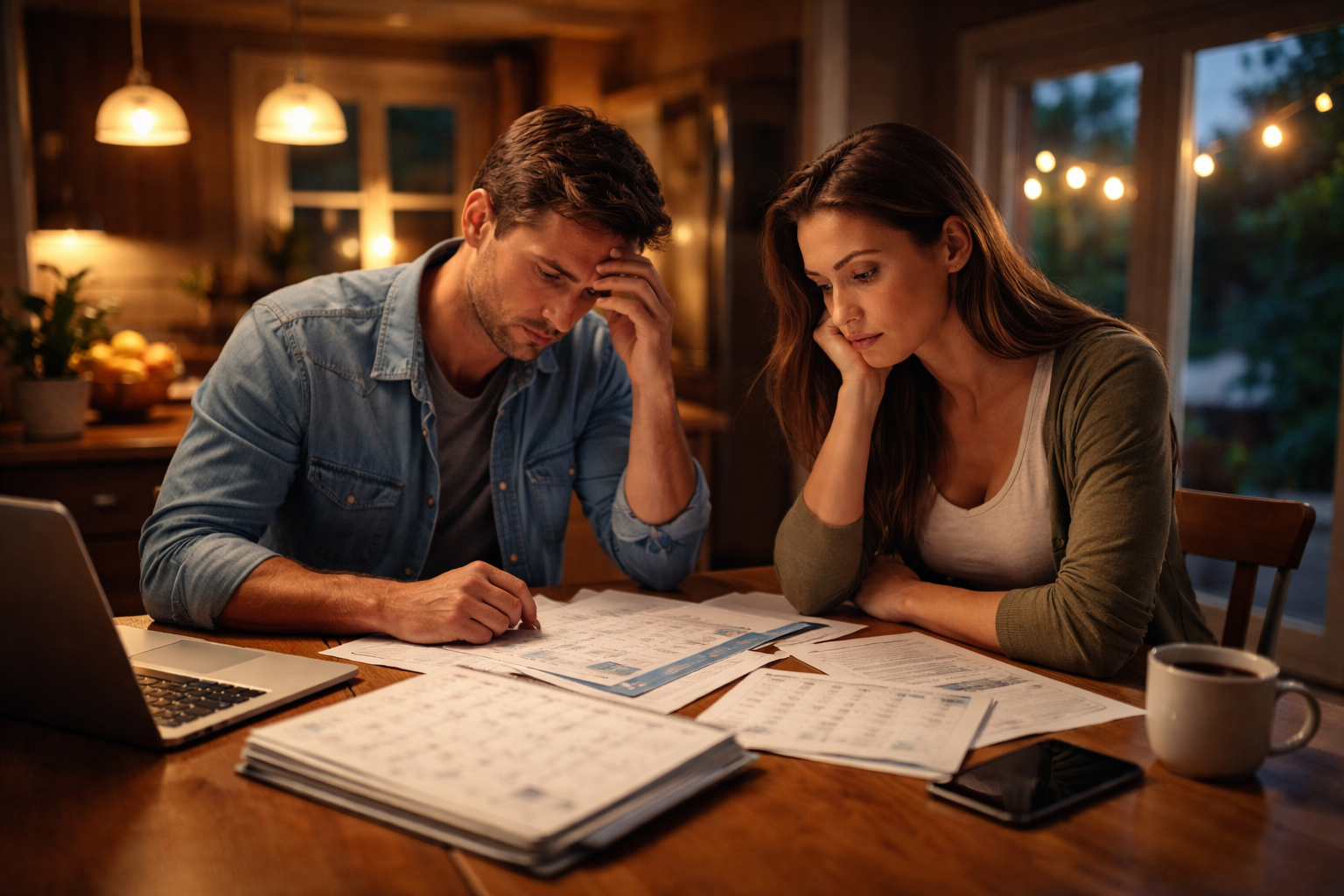 Parents reviewing financial documents at night while navigating child support decisions in Texas