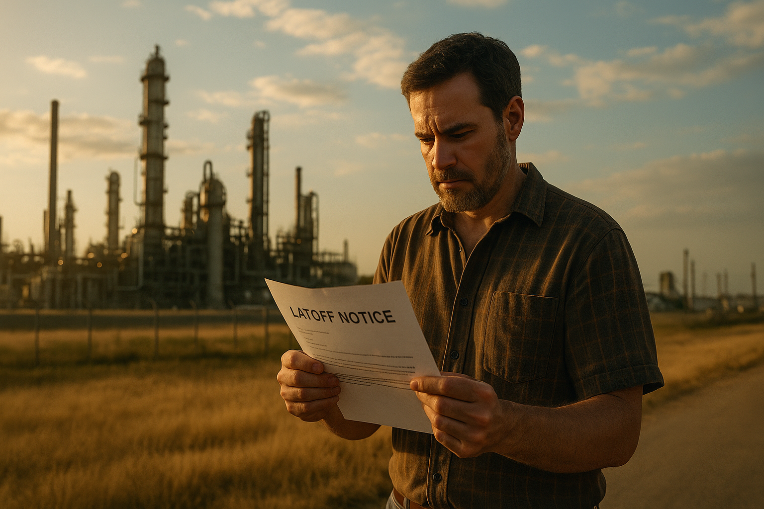A middle-aged Texas refinery worker standing outdoors at sunset, reading a layoff notice with concern, representing financial hardship and child support modification challenges.