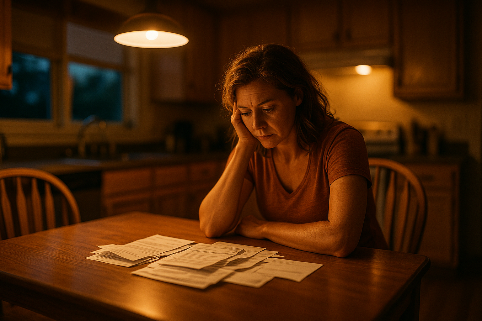 A woman sitting at her kitchen table at night reviewing bills, reflecting the stress many Texas parents feel when navigating child support and financial changes after divorce.