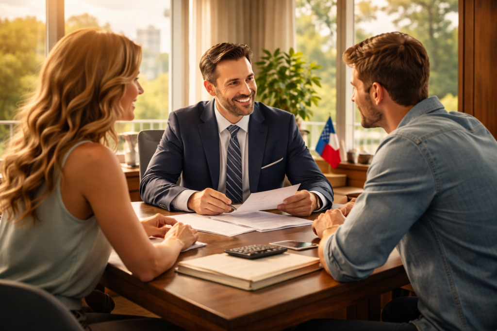 A couple meets with a Texas child support lawyer in a bright, sunlit office, reviewing documents together in a calm and professional setting.