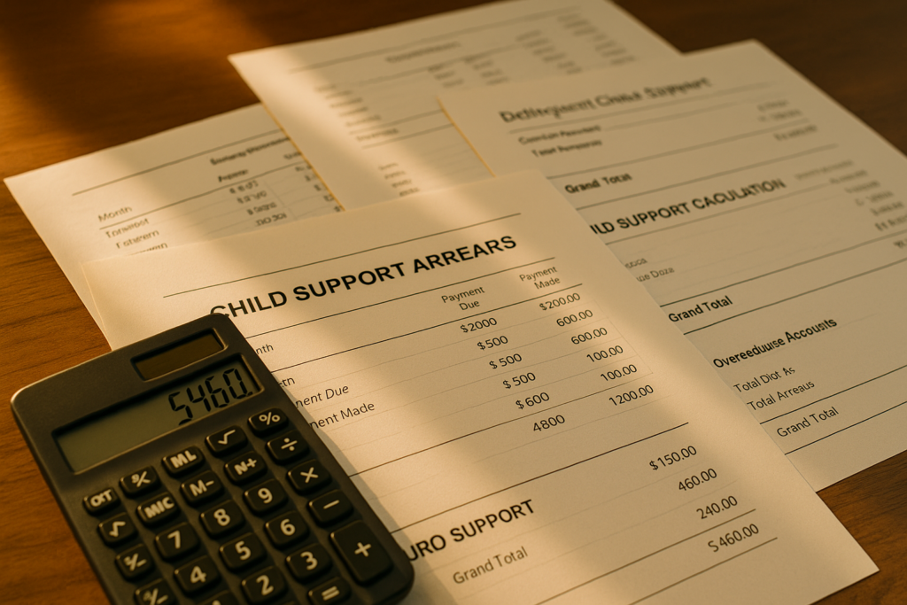 The image features a calculator alongside various documents displaying financial calculations related to child support, including details on delinquent child support and overdue payments. This visual emphasizes the importance of understanding current child support obligations and the impact of unpaid child support on financial stability.