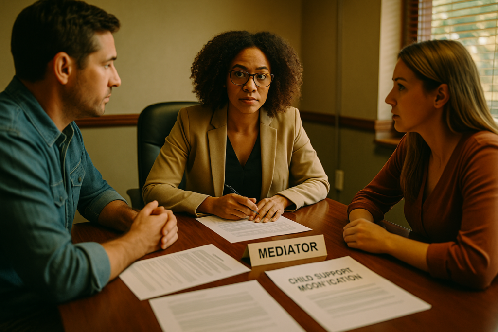 The image depicts a professional mediation meeting at a conference table, where two adults are engaged in discussion with a mediator. This setting emphasizes the importance of resolving child support obligations and modifying existing child support orders in accordance with Texas law.