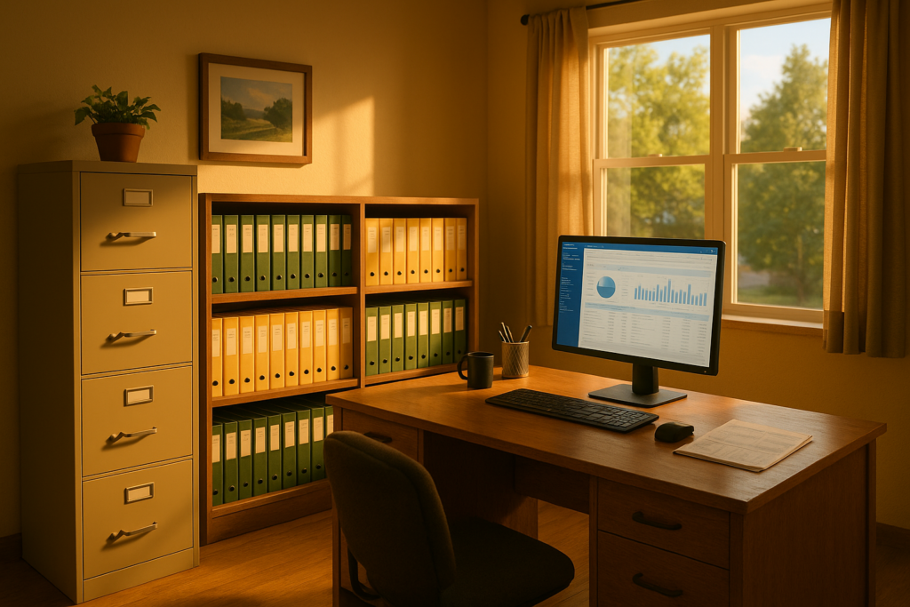 The image depicts a well-organized home office featuring filing cabinets, neatly labeled folders, and a computer screen displaying accounting software, which may be used for calculating child support payments and managing financial resources for self-employed parents. This setup reflects a professional environment conducive to handling child support obligations and financial statements.