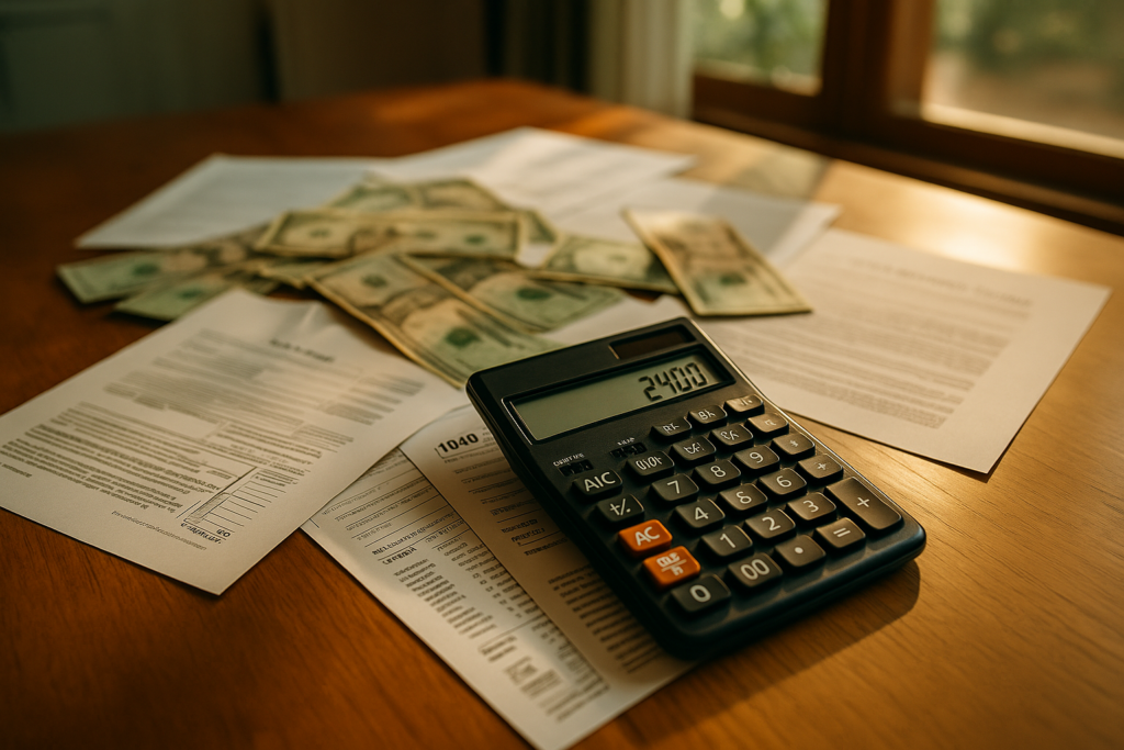 The image features a calculator surrounded by scattered dollar bills and legal documents, symbolizing the financial aspects of child support calculations and obligations. This scene reflects the complexities of managing child support under the Texas family law guidelines.
